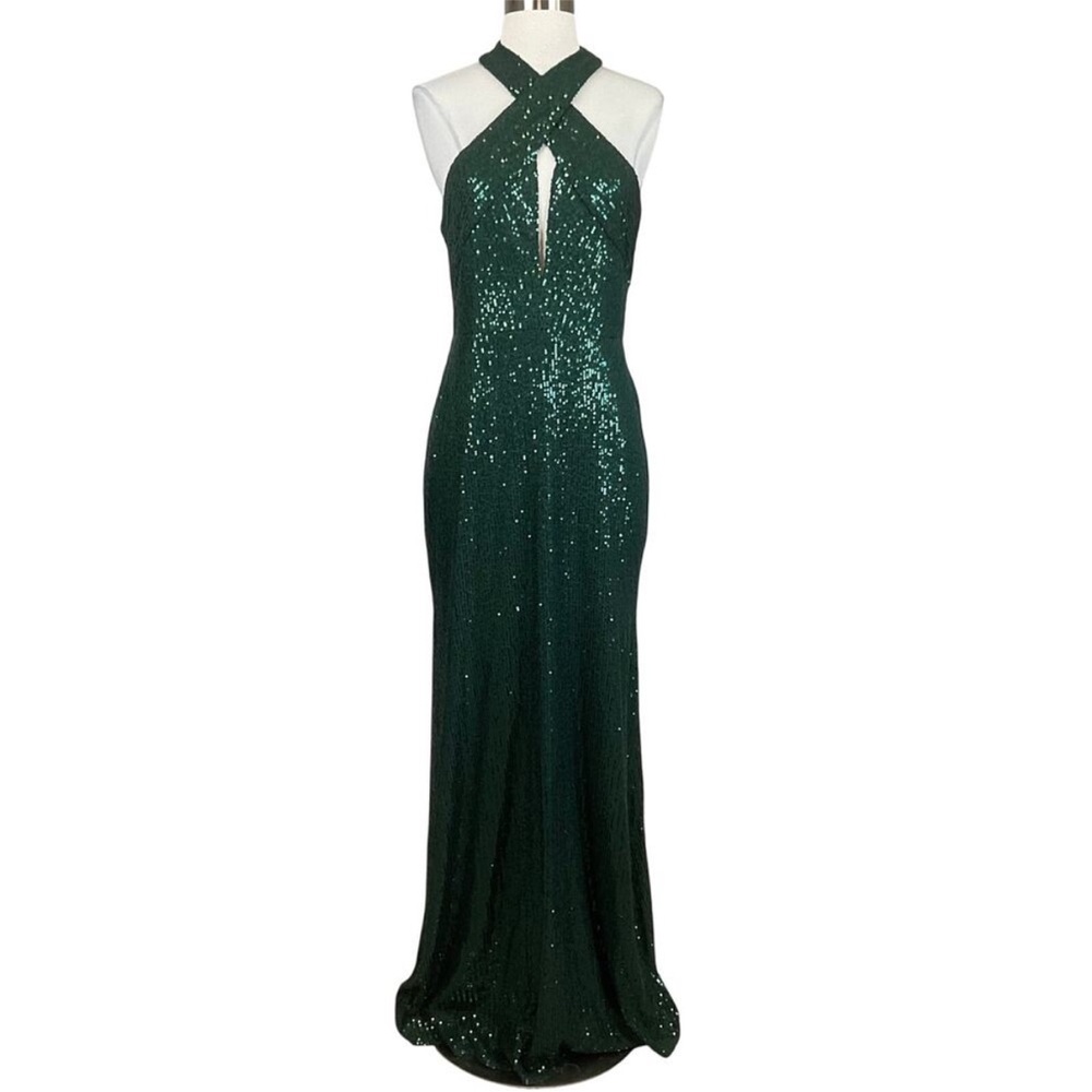 Backless Sequined Halter Evening Gown Green Size 16 Laundry Long Formal Dress